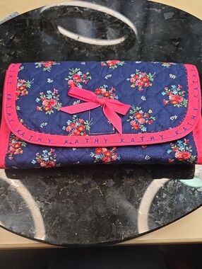 Floral Quilted Jewelry Roll Organizer Pink & Navy Blue Boho Travel Case NWOT